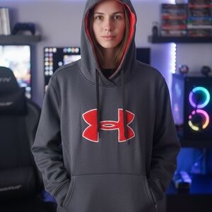 Under💪Armour Charcoal Hoodie with Vibrant Terry Pink/Red EmblemSEMI-FITTED Sz S